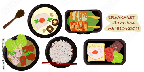 A collection of Thai breakfast vector illustrations for meals and individual dishes, healthy food, a variety of delicious food, fish porridge, noodle soup, top view, food menus for restaurants 