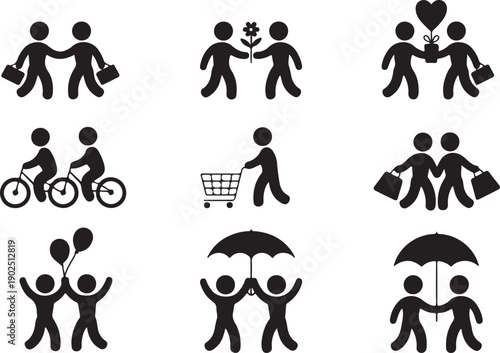 Stick figure couple man, woman, male, female, boy, girl, spending time. Shopping, dating, giving present, riding bike, standing with balloons, dancing, hiding under umbrella icon vector pictogram