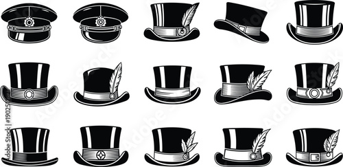 Top hat silhouette collection with vintage gentleman and magician styles, black vector headwear set isolated on white background
