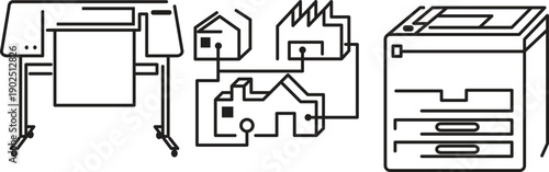 A black and white line drawing depicts office equipment and houses connected by winding lines high quality professional detailed modern elegant