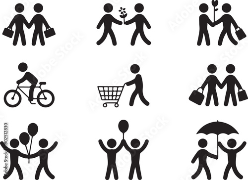 Stick figure couple man, woman, male, female, boy, girl, spending time. Shopping, dating, giving present, riding bike, standing with balloons, dancing, hiding under umbrella icon vector pictogram