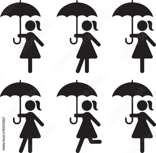 Stick woman with umbrella icon set. Black silhouette of female with rain resistant accessory on white