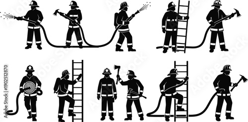 Firefighter silhouette icon set, emergency response, fire hose, axe rescue, ladder climb, protective gear, vector illustration, black pictogram, safety, heroism, profession