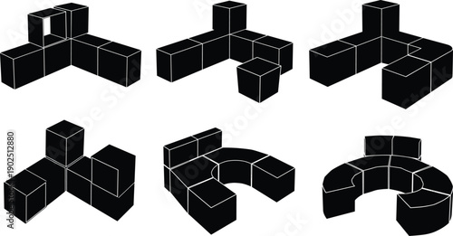 Black 3d isometric cube shapes in different configurations cubes