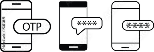OTP icon set. One time password and security symbol. Mobile phone with password sign. Mobile security token symbols
