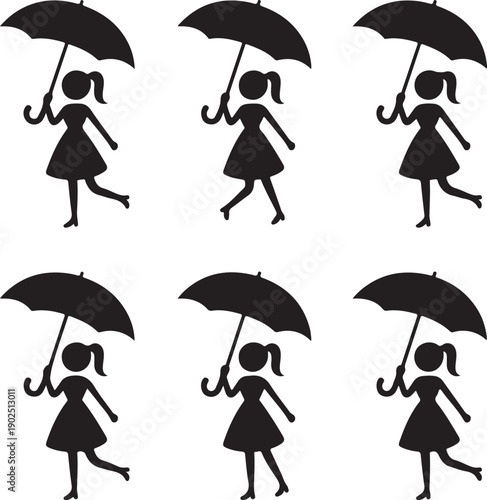 Stick woman with umbrella icon set. Black silhouette of female with rain resistant accessory on white