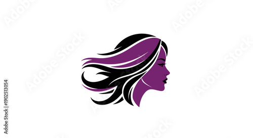 Elegant womans profile with flowing purple and black hair.