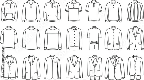 Men clothing line art illustration set, casual and formal apparel outlines, shirts sweaters jackets blazers, fashion vector collection template pack