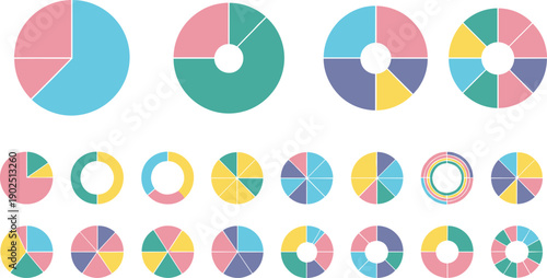 Colorful pie and donut chart icons set showing data visualization elements for analytics dashboards, reports, statistics, and infographics