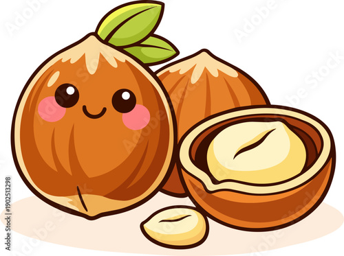 Cute kawaii hazelnuts character flat vector illustration isolated on white background.