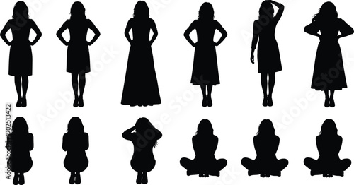 Black silhouettes of women in various poses on white background