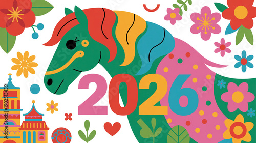 Colorful horse illustration with the year 2026 and festive elements