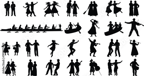 Black silhouettes of people performing various actions on white background dancing