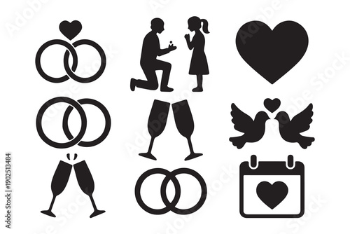 Set of black wedding and engagement icons including rings hearts and a proposal scene