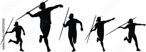 Black silhouettes of men running with spears athletic poses white background