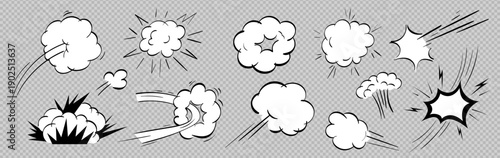 Comic explosion effect vector kit with speed lines, burst smoke, impact frame. Pop cartoon element for superhero animation, doodle air bundle. Explosive comic speech clouds on like transparent png bg.