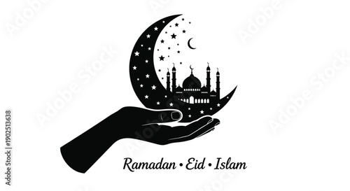 Ramadan crescent moon and mosque held in a hand black silhouette