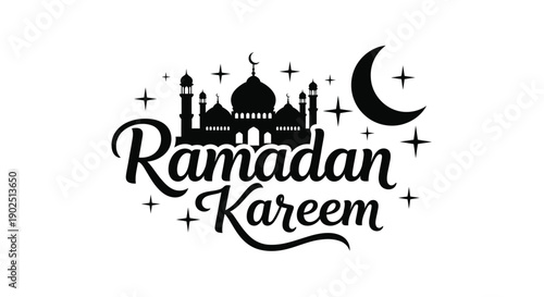 Ramadan kareem greeting with crescent moon and mosque silhouette