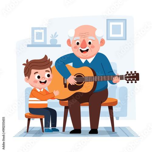 Grandfather and Grandson Playing Guitar.