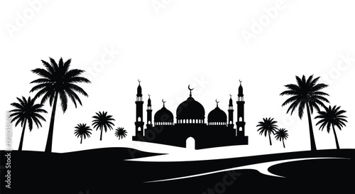 Desert landscape featuring a mosque and palm trees silhouette
