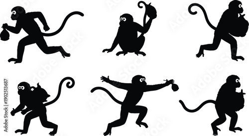 Black silhouettes of monkeys in various poses with bags