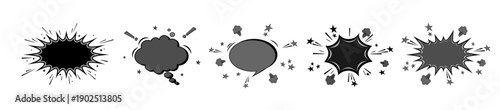 A set of five black and gray speech bubbles and clouds of thoughts in different shapes for comics, conversations, and idea presentations. A collection of speech bubbles with elements of explosions
