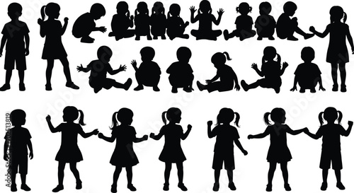 Children silhouette icon set with sitting, standing, and interacting poses, vector illustration, editable design, isolated childhood graphic