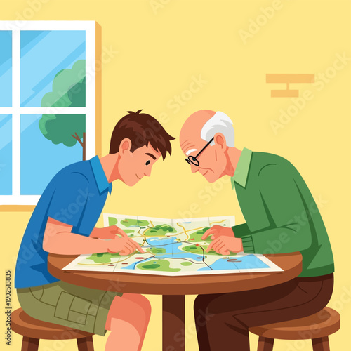 Grandfather and Grandson Studying Map.