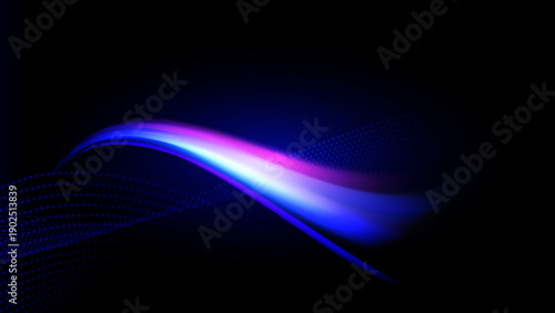 Glowing motion trail background with blue and purple light beams and particle wave art. Futuristic digital technology background, luminous energy stream effect.