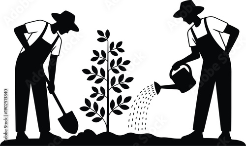 Gardeners Planting Trees Silhouette Icons Community Environmental Care Set