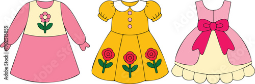 Cute Kids’ Dress Vector Set Pink and Yellow Flower Pattern Outfits