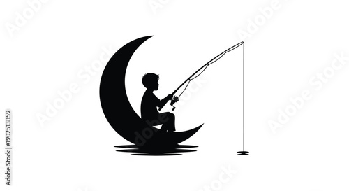 Boy fishing on crescent moon a striking black silhouette