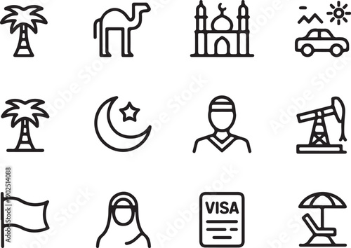 UAE flat line icons. Arab emirates flag, Dubai , islam mosque, desert off road car, muslim people, camel, oil vector illustrations. Thin signs for travel agency