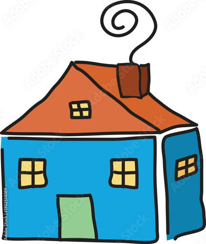 A brightly colored childlike drawing depicts a simple house with a red roof blue walls and a whimsical chimney high quality