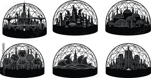 Black and white cityscapes in geodesic domes urban landscapes futuristic architecture