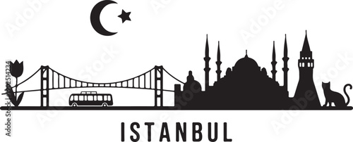 Vector panoramic illustration Istanbul with black silhouette of turkish symbols and landmarks of Turkey. Hand drawn elements Galata tower, bridge, tram, mosque. Horizontal banner or print design