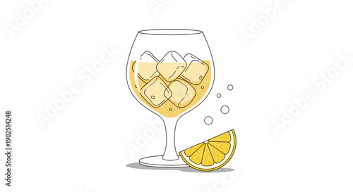 Refreshing drink in a large round glass filled with ice cubes and an orange slice for summer cocktail and beverage promotion.