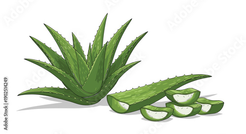 Fresh aloe vera plant with thick green leaves and several cut slices showing the translucent gel for skincare products.