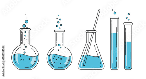 Set of laboratory glass flasks and test tubes filled with bubbling blue liquid for science and chemistry experiment concepts.