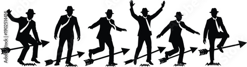 Black silhouettes of men in suits and hats stepping on arrows white background