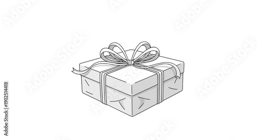 Square gift box wrapped in paper and tied with a large decorative ribbon bow is shown in a clean line art style on white.