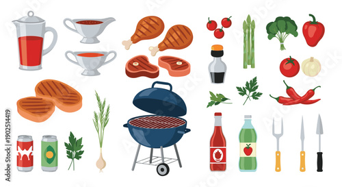 Large set of barbecue-themed icons including a grill, meat, vegetables, sauces, and drinks for summer picnic designs.