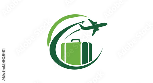 Green Travel Logo with Airplane and Suitcase Design.