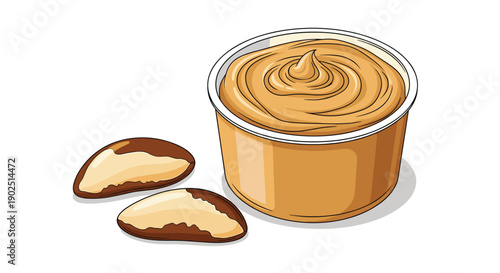 Container of creamy nut butter accompanied by two whole nuts is illustrated in a clean and appetizing graphic style.