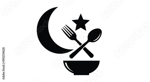Ramadan food symbols with crescent moon and cutlery silhouette