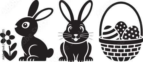 Vector Silhouette Set of Easter Symbols Bunny Rabbit Egg and Basket with Eggs