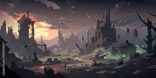 A dark, gloomy, post-apocalyptic etude with ruined city. An original, high quality, big size digital graphical work, mixed media. Based on AI generated