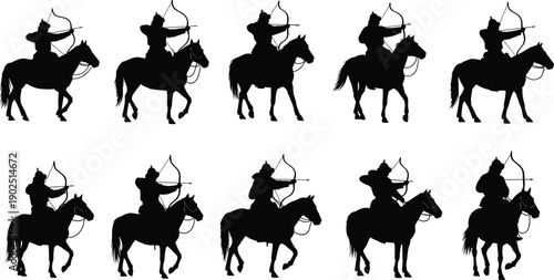Mounted archer warrior silhouette icon set, horse rider, bow arrow, cavalry soldier, battle pose, vector illustration, black pictogram, history, culture, tradition, heritage