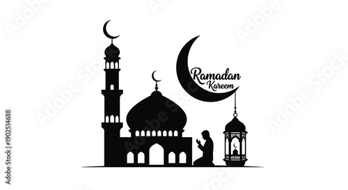Ramadan greeting with mosque and crescent moon black silhouette