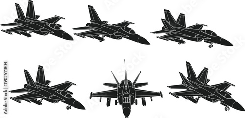 Black silhouette fighter jets in various angles silhouettes white background aircraft